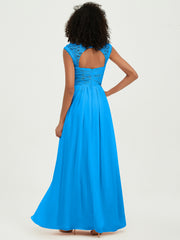 Chiffon Bridesmaid Dresses with Lace Cap Sleeves Ocean Blue