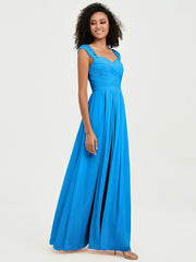 Chiffon Bridesmaid Dresses with Lace Cap Sleeves Ocean Blue