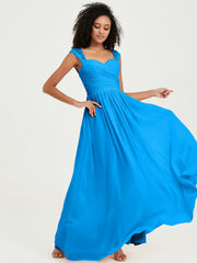 Chiffon Bridesmaid Dresses with Lace Cap Sleeves Ocean Blue