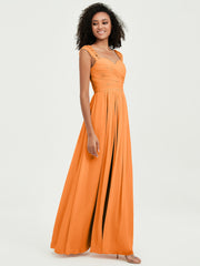 Chiffon Bridesmaid Dresses with Lace Cap Sleeves Orange