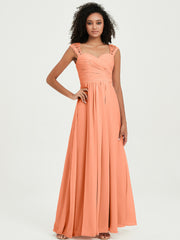 Chiffon Bridesmaid Dresses with Lace Cap Sleeves Papaya