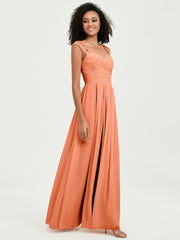 Chiffon Bridesmaid Dresses with Lace Cap Sleeves Papaya
