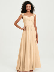Chiffon Bridesmaid Dresses with Lace Cap Sleeves Peach