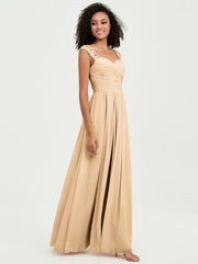 Chiffon Bridesmaid Dresses with Lace Cap Sleeves Peach