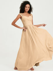 Chiffon Bridesmaid Dresses with Lace Cap Sleeves Peach