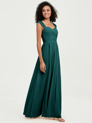 Chiffon Bridesmaid Dresses with Lace Cap Sleeves Peacock