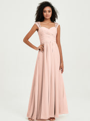Chiffon Bridesmaid Dresses with Lace Cap Sleeves Pearl Pink