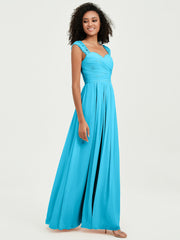 Chiffon Bridesmaid Dresses with Lace Cap Sleeves Pool