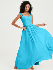 Chiffon Bridesmaid Dresses with Lace Cap Sleeves Pool