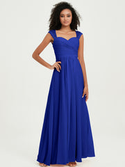 Chiffon Bridesmaid Dresses with Lace Cap Sleeves Royal Blue