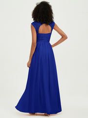 Chiffon Bridesmaid Dresses with Lace Cap Sleeves Royal Blue