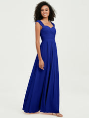 Chiffon Bridesmaid Dresses with Lace Cap Sleeves Royal Blue