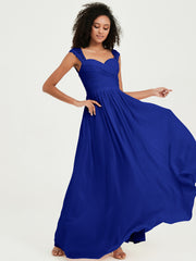 Chiffon Bridesmaid Dresses with Lace Cap Sleeves Royal Blue
