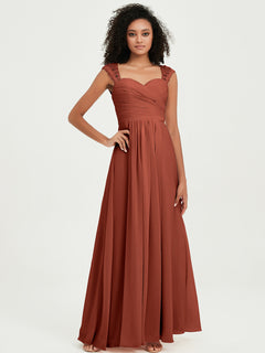 Chiffon Bridesmaid Dresses with Lace Cap Sleeves Rust