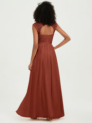 Chiffon Bridesmaid Dresses with Lace Cap Sleeves Rust