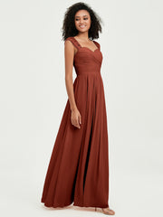 Chiffon Bridesmaid Dresses with Lace Cap Sleeves Rust