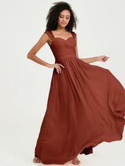 Chiffon Bridesmaid Dresses with Lace Cap Sleeves Rust