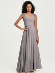 Chiffon Bridesmaid Dresses with Lace Cap Sleeves Silver