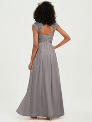 Chiffon Bridesmaid Dresses with Lace Cap Sleeves Silver