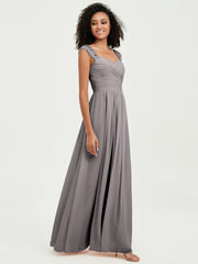 Chiffon Bridesmaid Dresses with Lace Cap Sleeves Silver