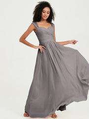Chiffon Bridesmaid Dresses with Lace Cap Sleeves Silver