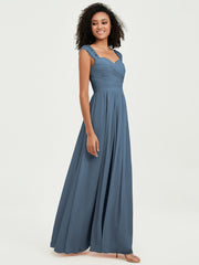 Chiffon Bridesmaid Dresses with Lace Cap Sleeves Slate Blue