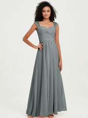 Chiffon Bridesmaid Dresses with Lace Cap Sleeves Steel Grey