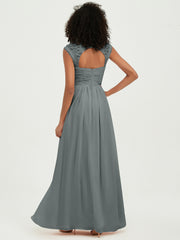 Chiffon Bridesmaid Dresses with Lace Cap Sleeves Steel Grey