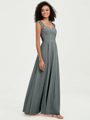 Chiffon Bridesmaid Dresses with Lace Cap Sleeves Steel Grey