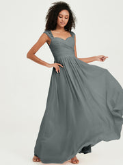 Chiffon Bridesmaid Dresses with Lace Cap Sleeves Steel Grey