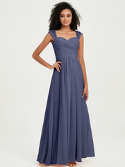 Chiffon Bridesmaid Dresses with Lace Cap Sleeves Stormy