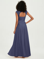 Chiffon Bridesmaid Dresses with Lace Cap Sleeves Stormy