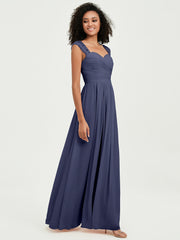 Chiffon Bridesmaid Dresses with Lace Cap Sleeves Stormy