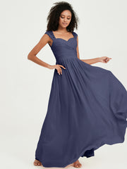 Chiffon Bridesmaid Dresses with Lace Cap Sleeves Stormy