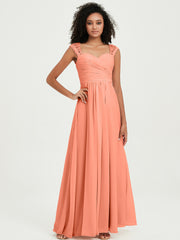 Chiffon Bridesmaid Dresses with Lace Cap Sleeves Sunset