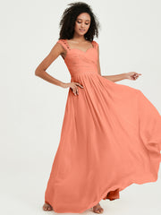 Chiffon Bridesmaid Dresses with Lace Cap Sleeves Sunset