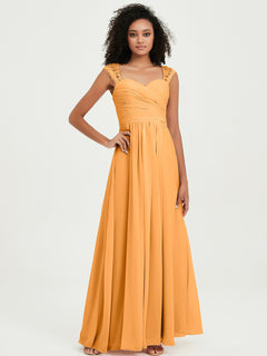 Chiffon Bridesmaid Dresses with Lace Cap Sleeves Tangerine