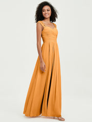 Chiffon Bridesmaid Dresses with Lace Cap Sleeves Tangerine