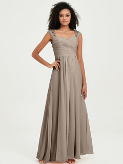 Chiffon Bridesmaid Dresses with Lace Cap Sleeves Taupe