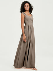 Chiffon Bridesmaid Dresses with Lace Cap Sleeves Taupe