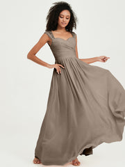 Chiffon Bridesmaid Dresses with Lace Cap Sleeves Taupe