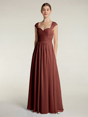 Chiffon Bridesmaid Dresses with Lace Cap Sleeves Terracotta