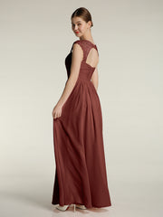 Chiffon Bridesmaid Dresses with Lace Cap Sleeves Terracotta