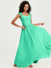 Chiffon Bridesmaid Dresses with Lace Cap Sleeves Turquoise