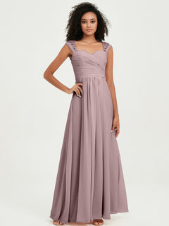 Chiffon Bridesmaid Dresses with Lace Cap Sleeves Vintage Mauve