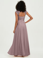 Chiffon Bridesmaid Dresses with Lace Cap Sleeves Vintage Mauve