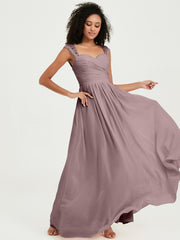 Chiffon Bridesmaid Dresses with Lace Cap Sleeves Vintage Mauve