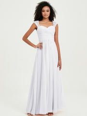 Chiffon Bridesmaid Dresses with Lace Cap Sleeves White