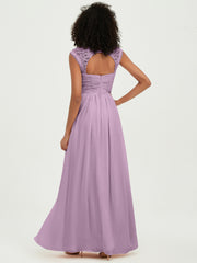Chiffon Bridesmaid Dresses with Lace Cap Sleeves Wisteria