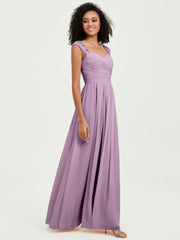 Chiffon Bridesmaid Dresses with Lace Cap Sleeves Wisteria